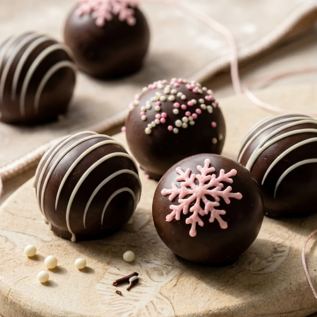 assorted decorated hot chocolate bombs with chocolate drizzle, sprinkles, and marshmallows