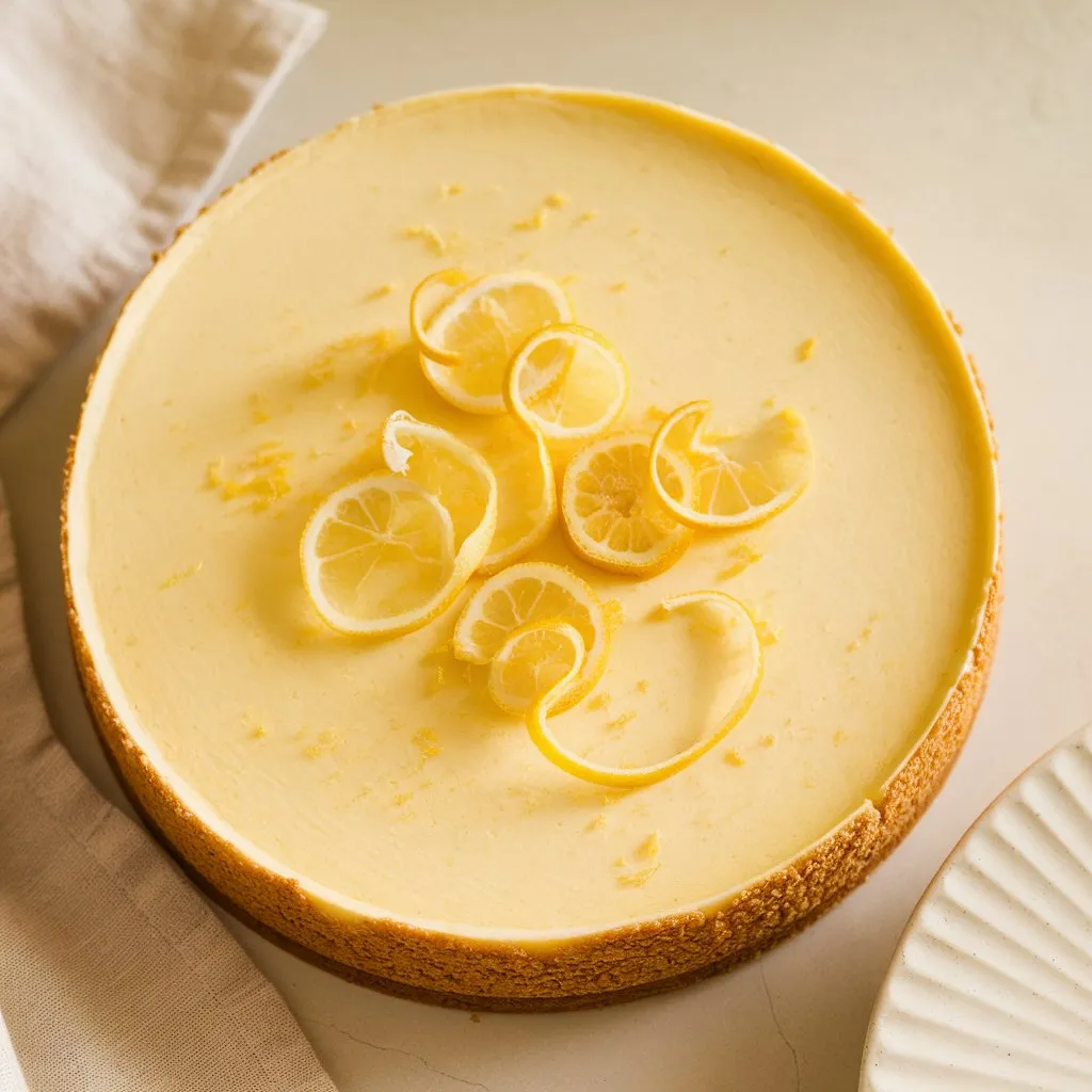 Top-down close-up of a lemon gluten free cheesecake with pecan crust, garnished with lemon zest and styled on a bright, neutral surface in natural light.