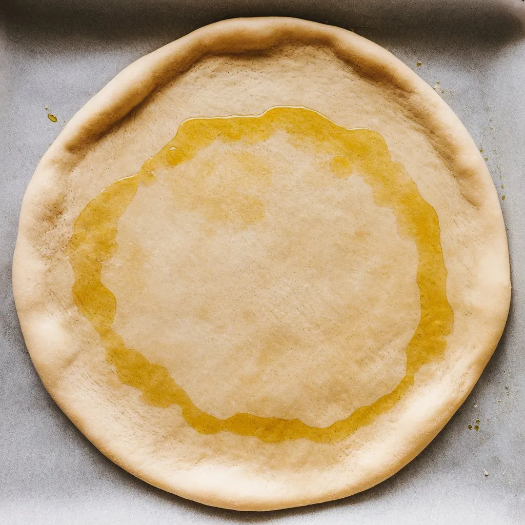 luten free pizza crust on parchment-lined tray Prebaked gluten free pizza crust on parchment-lined tray, brushed with olive oil