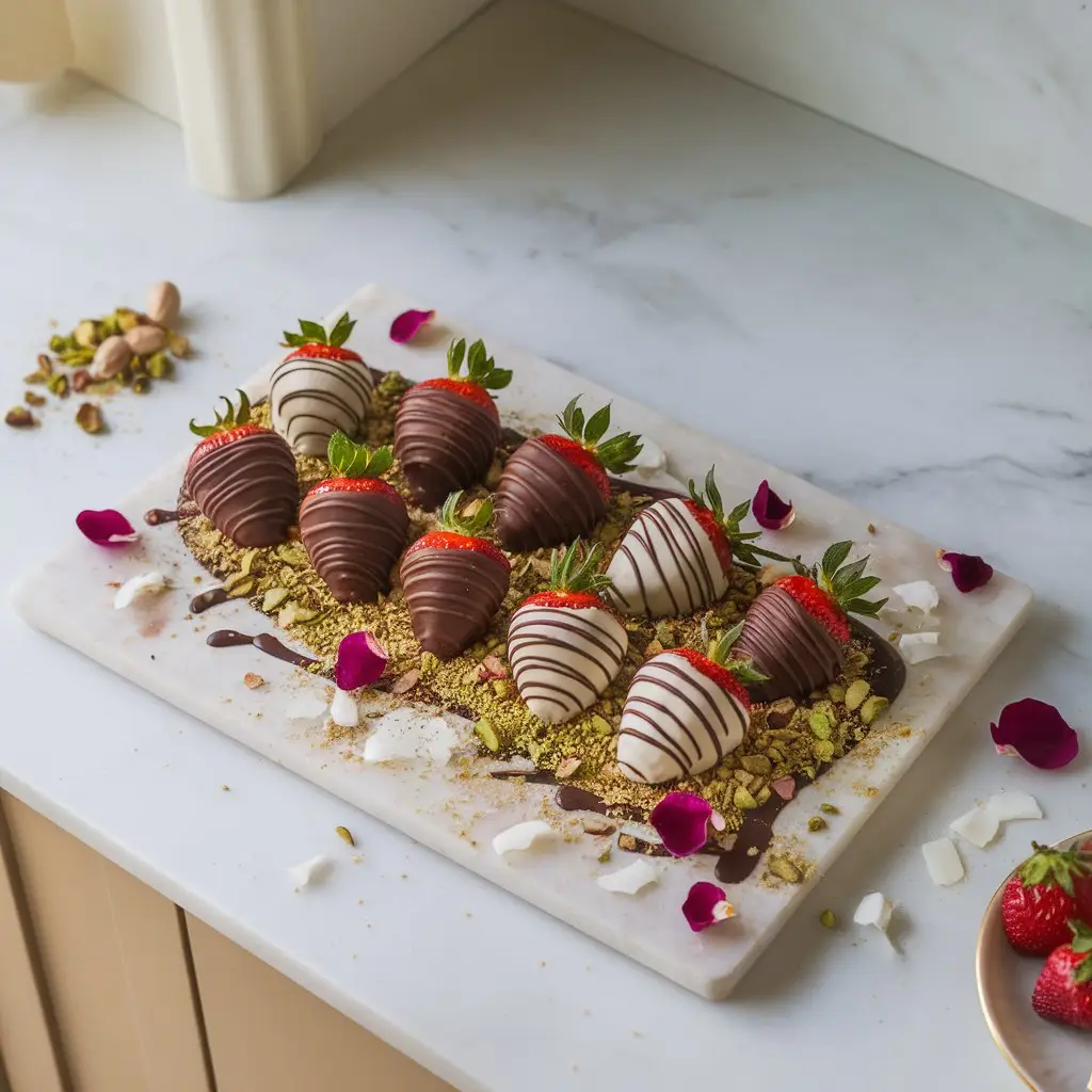 luxury-dubai-chocolate-strawberries-recipe Luxury Dubai chocolate strawberries with pistachio and rose toppings on a marble serving tray