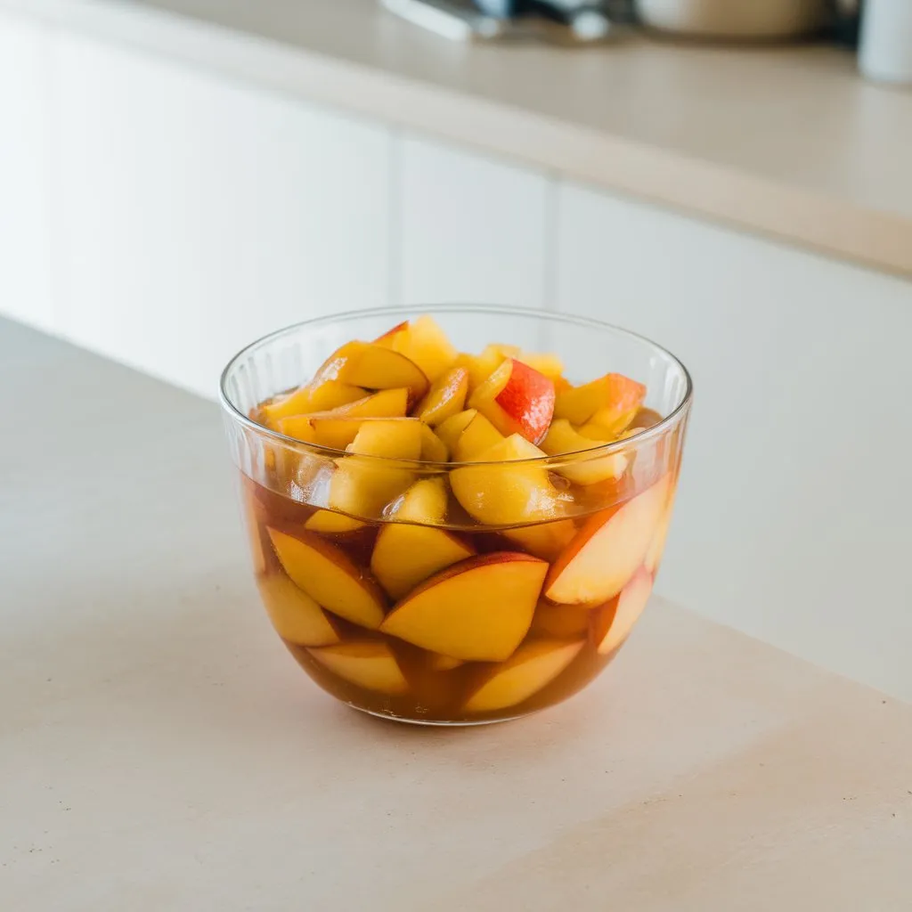 macerated-peaches-sugar-lemon-juice-syrup Chopped peaches macerated with sugar and lemon juice creating natural syrup for no-churn ice cream
