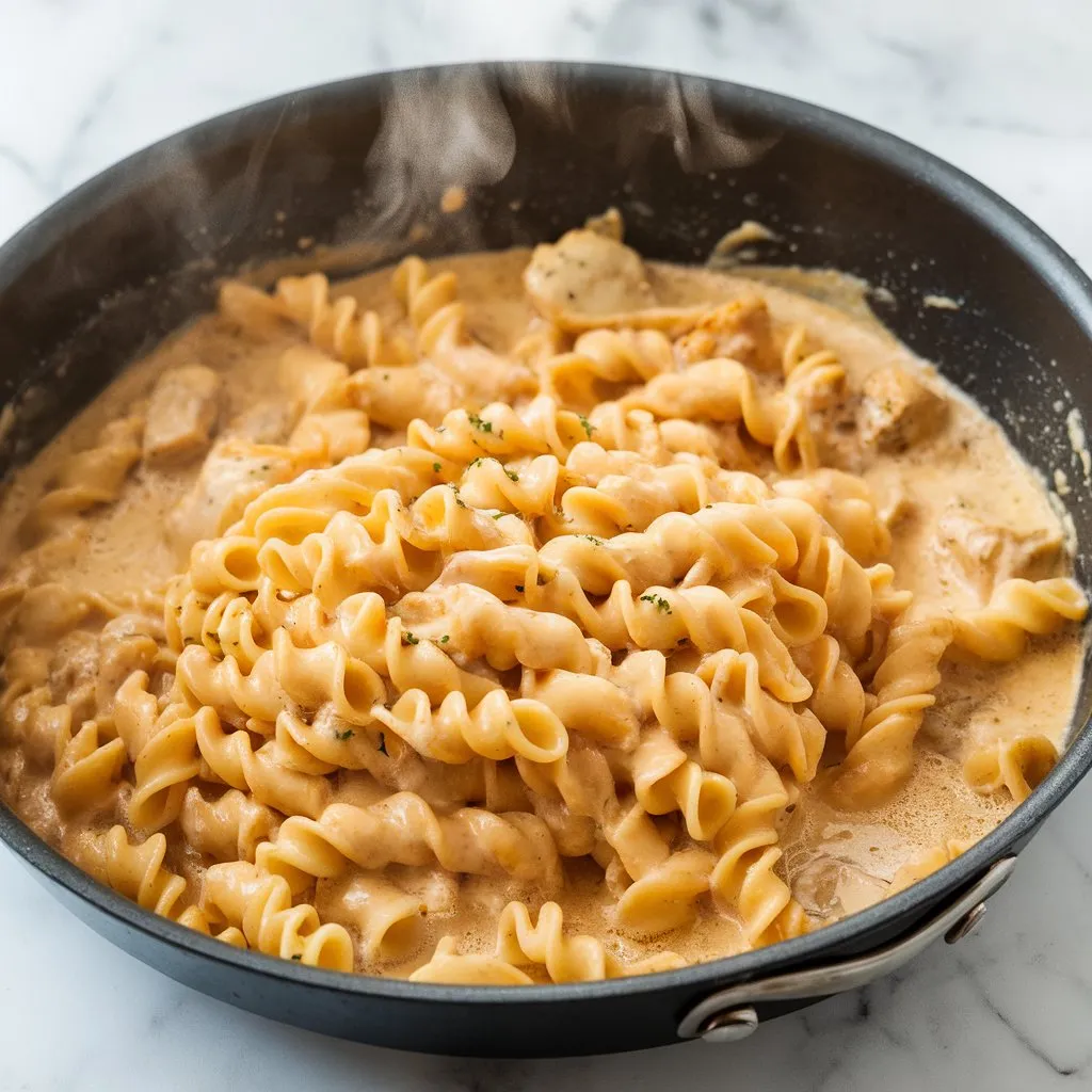 marry-me-chicken-pasta-cooking-fusilli-in-sauce Pasta simmering in creamy sauce with chicken and sun-dried tomatoes for marry me chicken pasta.