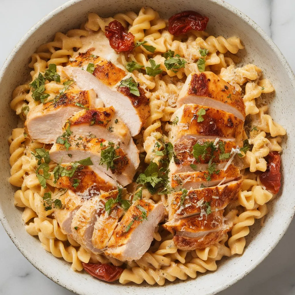 Marry Me Chicken Pasta in a white bowl with creamy sauce, seared chicken, sun-dried tomatoes, and fresh parsley on a white marble surface.