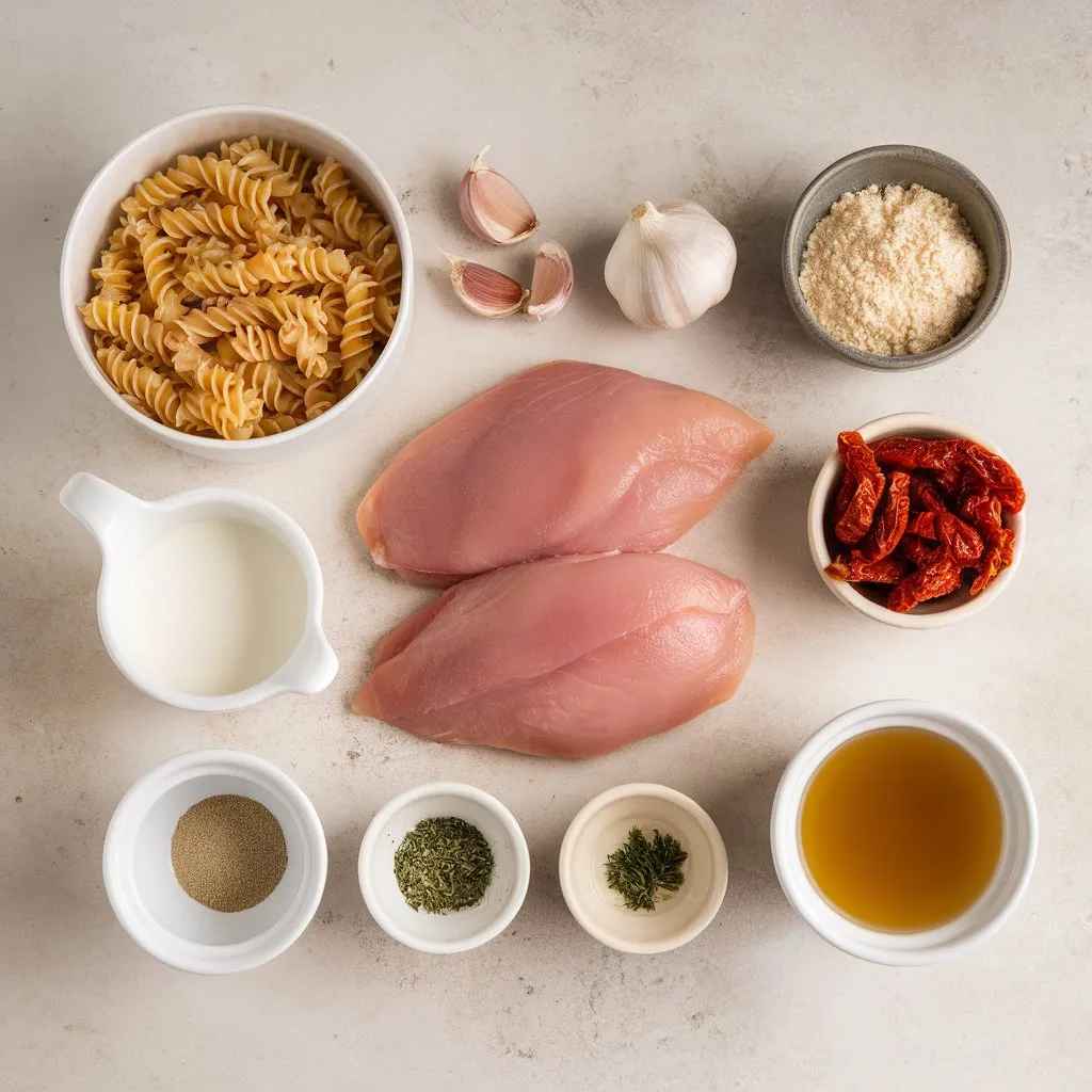 marry-me-chicken-pasta-ingredients-fusilli-garlic-cream Flat lay of ingredients for marry me chicken pasta including fusilli pasta, chicken breasts, parmesan, garlic, cream, and sun-dried tomatoes.