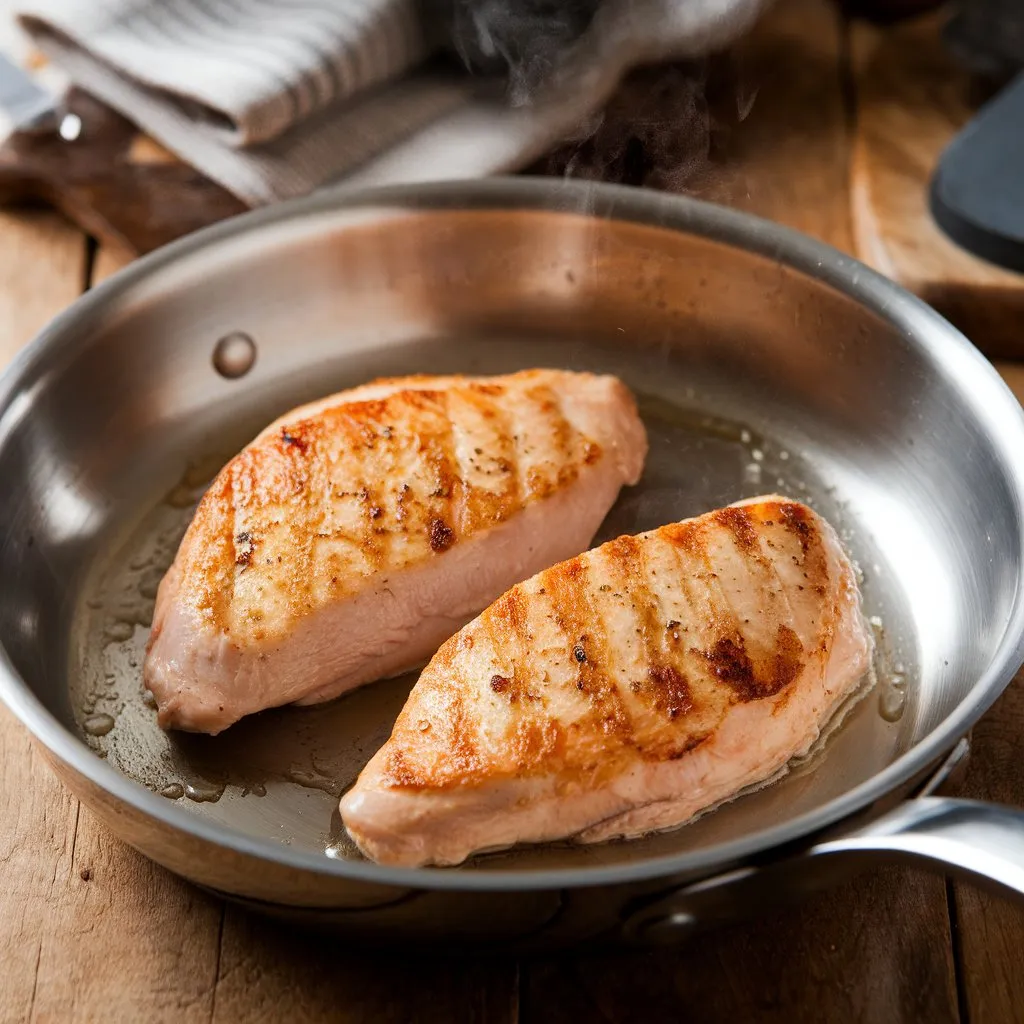 marry-me-chicken-pasta-searing-chicken-pan Golden seared chicken slices cooking in a stainless steel pan for marry me chicken pasta.