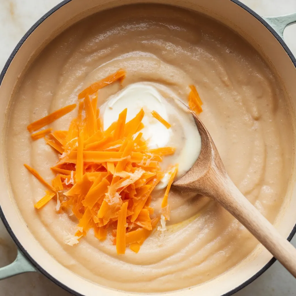 melting-cheese-into-soup Close-up of light beige potato soup with freshly grated cheese melting in, stirred gently with a wooden spoon.