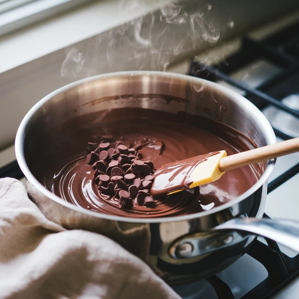 melting-chocolate-fudge-in-saucepan Chocolate, condensed milk, and butter melting together in a saucepan with visible swirls and stirring spatula.