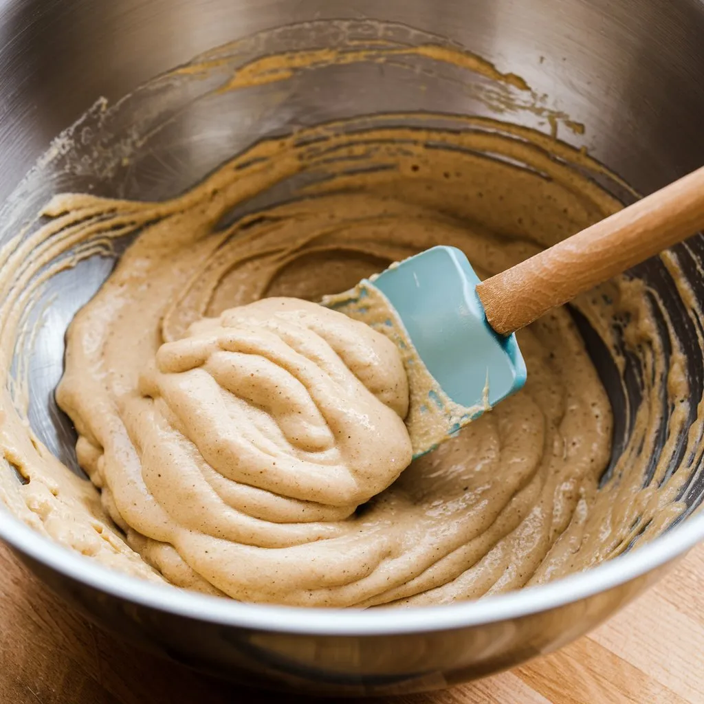 mixed pancake batter in a bowl Partially mixed pancake batter in a bowl with a spatula, showing visible texture and ingredients.