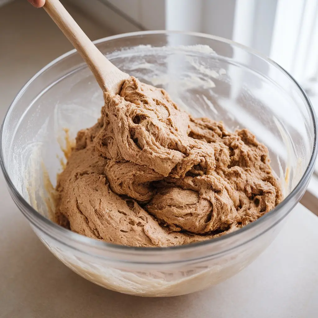 mixing-gluten-free-bread-dough-bowl Mixing gluten free bread dough in a glass bowl with a wooden spoon on a clean kitchen counter.