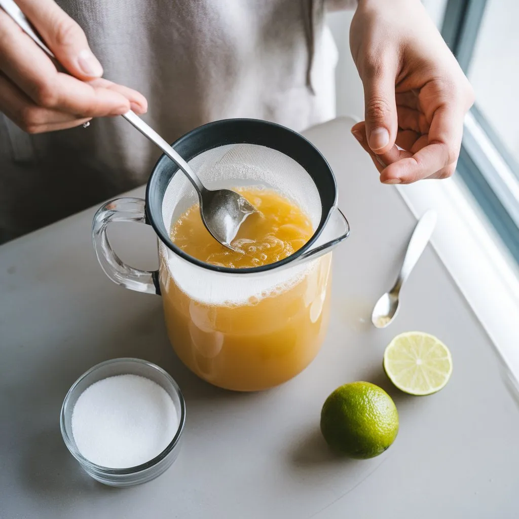 mixing-passion-fruit-juice Person stirring fresh passion fruit juice with lime and sugar beside the jug