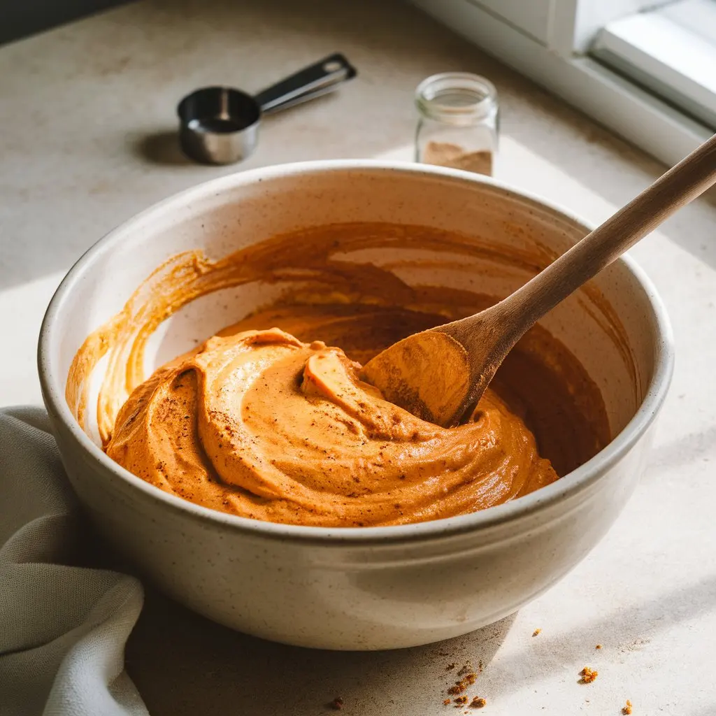 Pumpkin chocolate chip bread batter being mixed in a bowl with visible spices