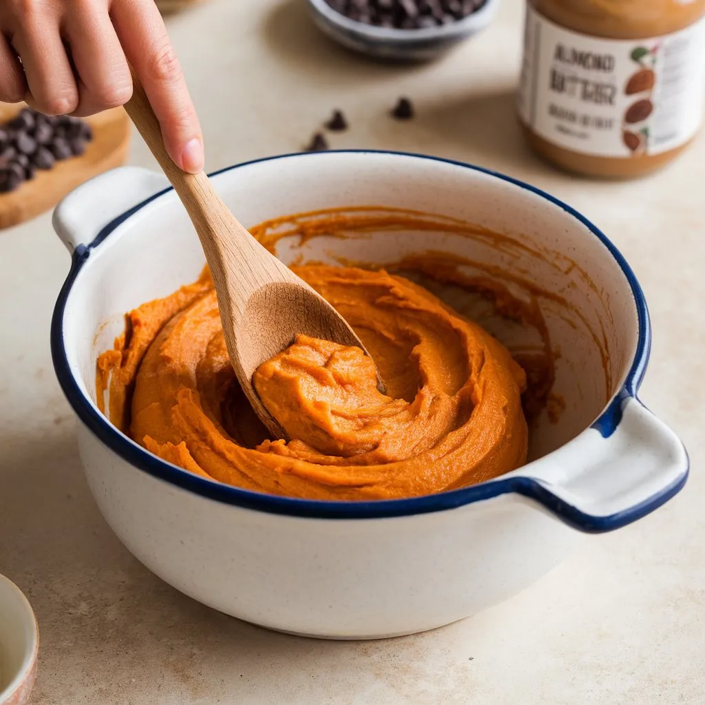 Mixing sweet potato, almond butter, and maple syrup in a white bowl with a wooden spoon