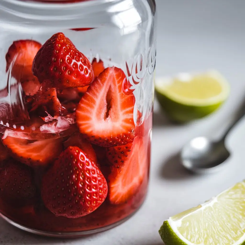 muddling-strawberries-mocktail Close-up of fresh strawberries being muddled in a glass shaker with a lime wedge nearby, set on a soft neutral background.