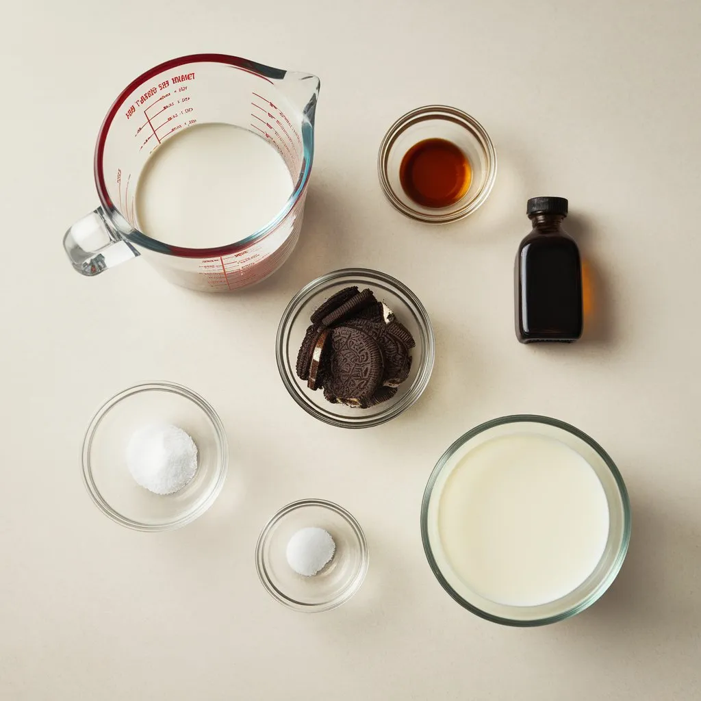 oreo-ice-cream-ingredients-flatlay-glass-containers Flat lay of glass containers holding heavy cream, crushed cookies, vanilla extract, sea salt, and sweetened condensed milk on a light surface.