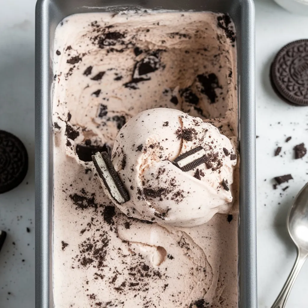 Close-up top-down view of creamy no-churn Oreo ice cream in a loaf pan with visible cookie chunks and natural lighting.