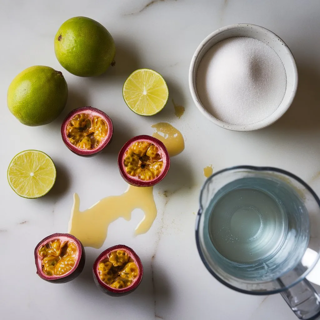 passion-fruit-juice-ingredients-topdown Flat lay of ingredients for making passion fruit juice: ripe passion fruits, lime, sugar, and water