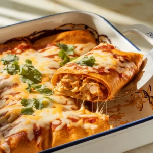 Baked chicken enchiladas in a white dish topped with melted cheese and cilantro, one being served.