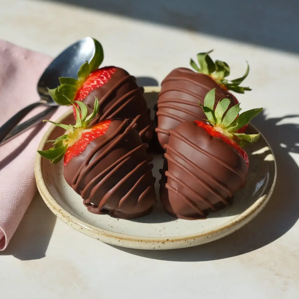 plated-dubai-chocolate-strawberries-with-bite Close-up of plated Dubai chocolate strawberries, one with a bite taken