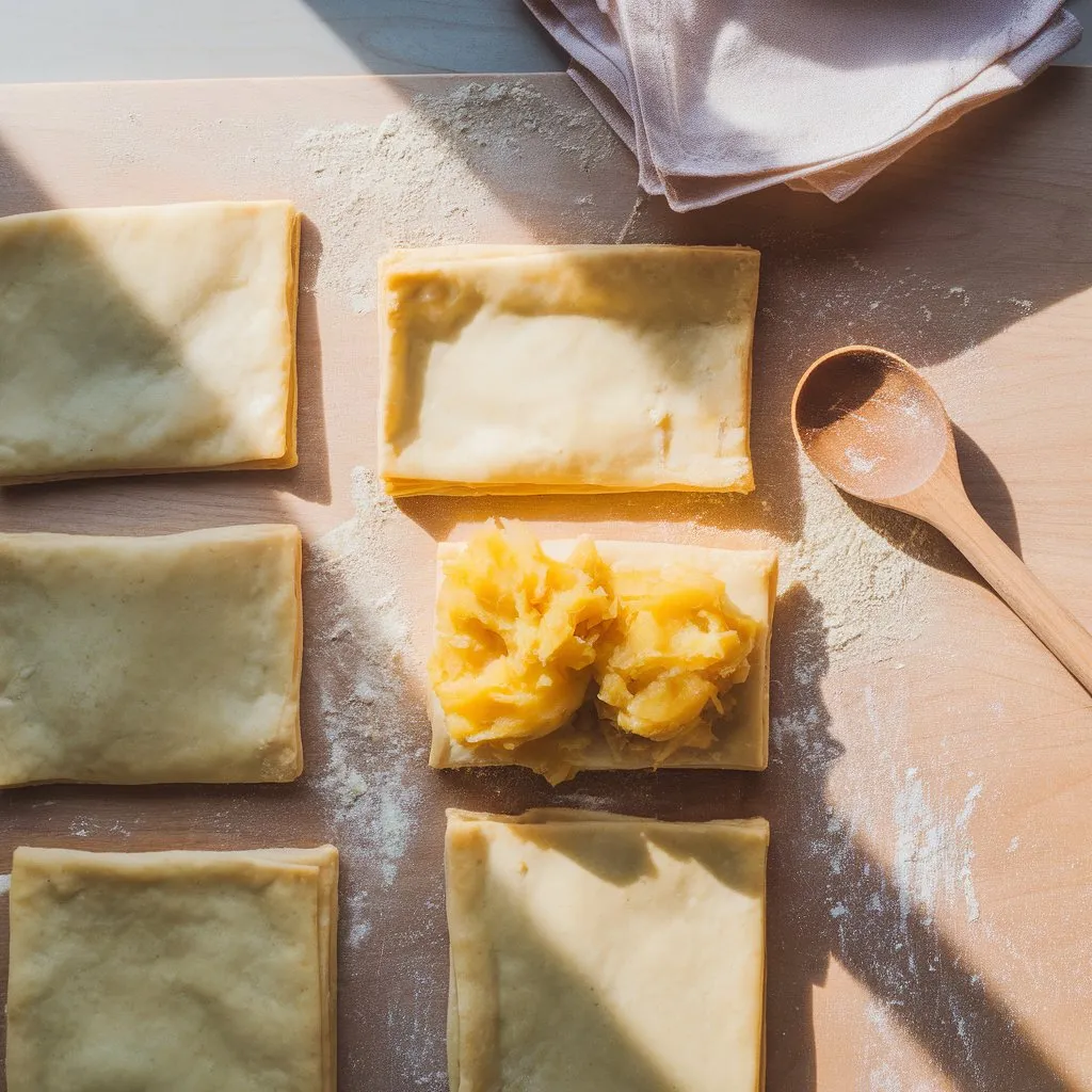 potato-filled-pastry-assembly Puff pastry rectangles being filled with spiced mashed potato on a lightly floured wooden surface, top-down view with spoon and towel in frame.