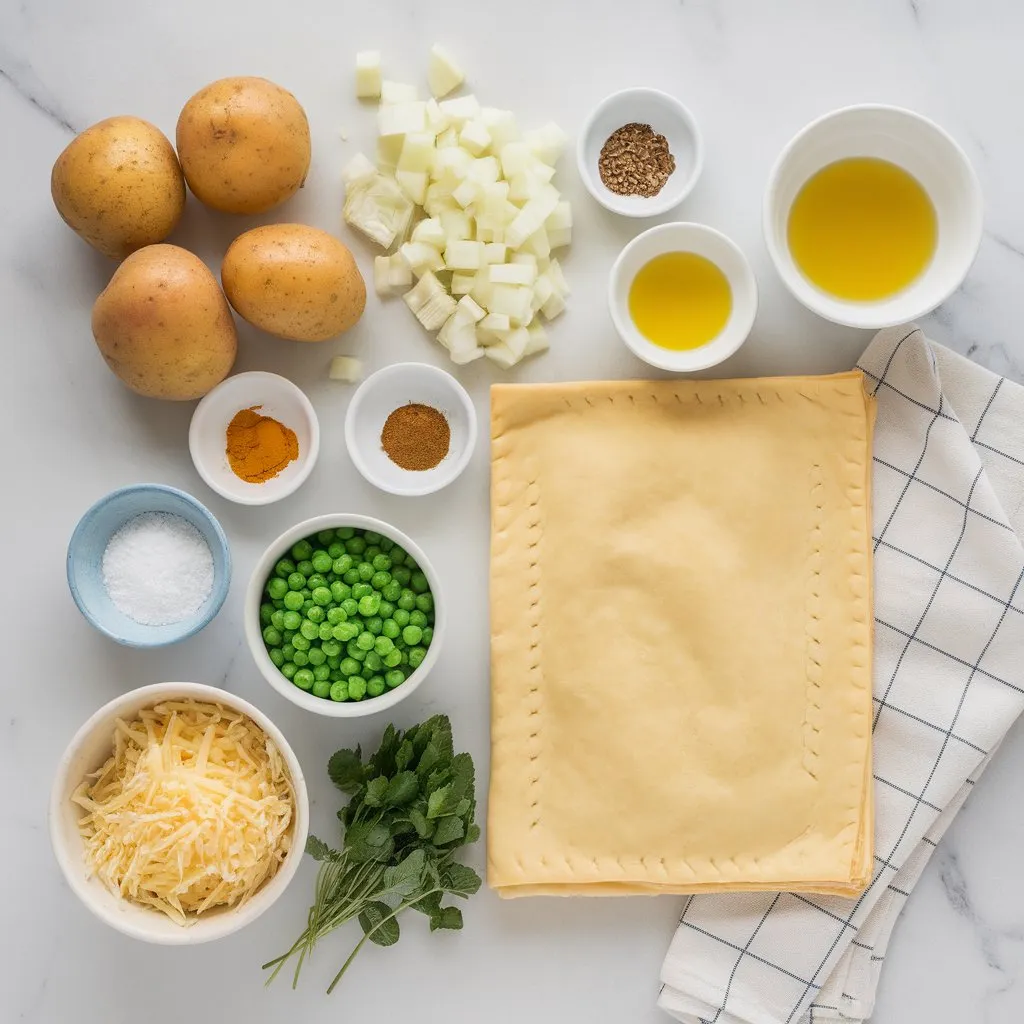 potato-filled-pastry-ingredients Ingredients for potato filled pastry laid out on light wood — peeled potatoes, puff pastry, chopped onions, and spices in ramekins with natural lighting.