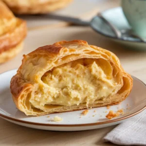 Golden potato filled pastry on a white plate, one piece broken open to show creamy spiced potato filling, styled on light wood with soft daylight.