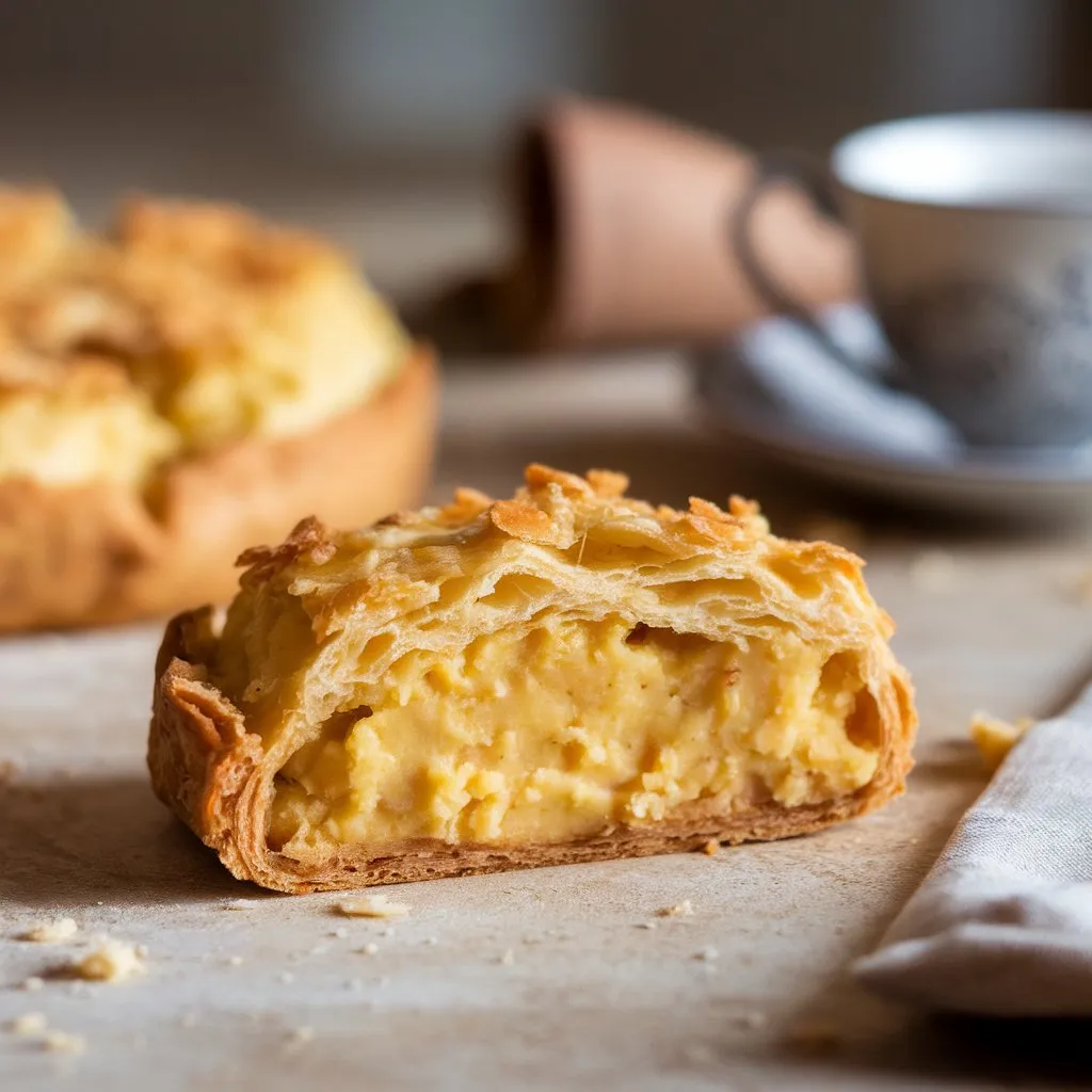 potato-filled-pastry Golden potato filled pastry, one piece broken open to show creamy spiced potato filling.