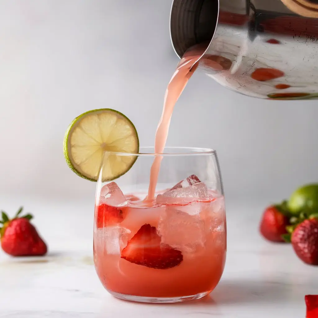 pouring-strawberry-margarita Pouring strawberry mocktail mixture into a glass filled with ice, with splashes and motion captured in natural daylight.