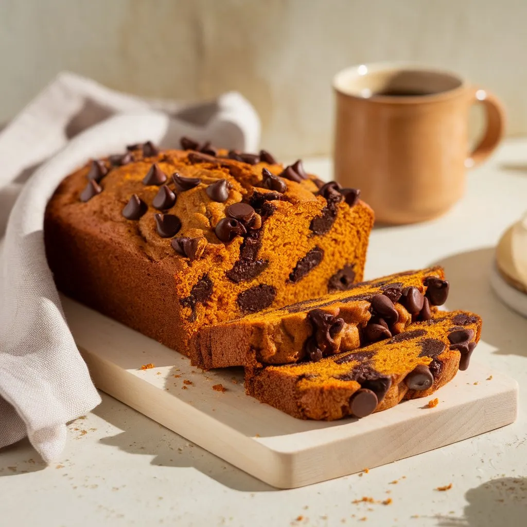sliced pumpkin chocolate chip bread with visible melty chocolate chips on a wooden board .