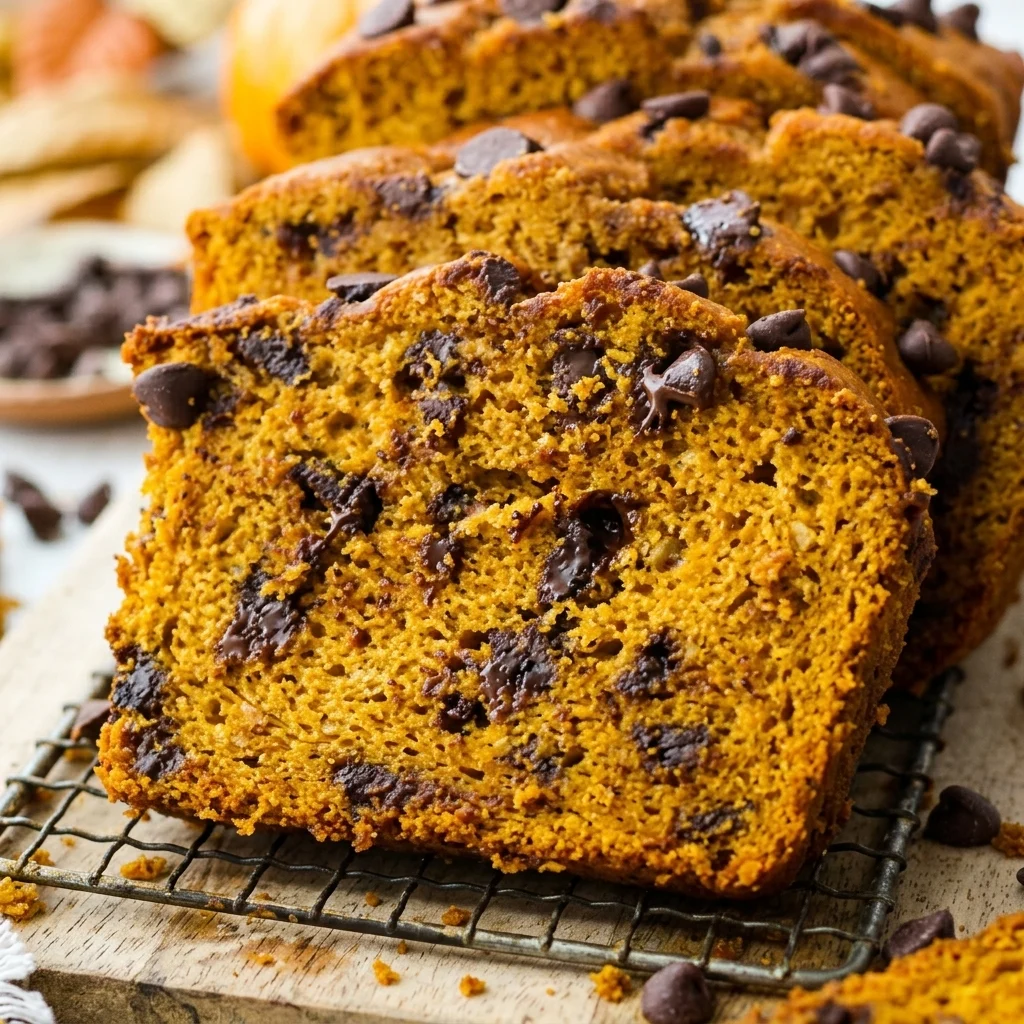 Sliced pumpkin chocolate chip bread with melty chocolate chips on a wooden board, moist fall dessert loaf