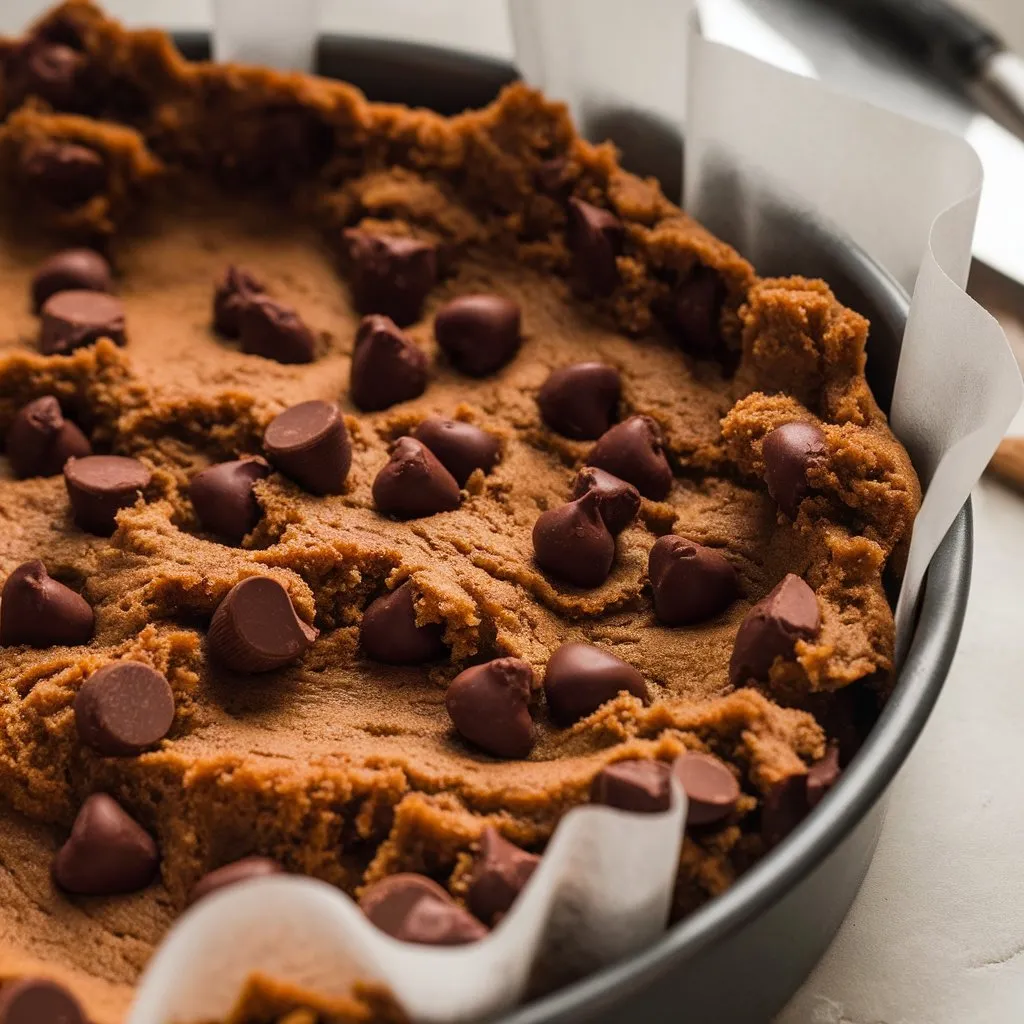 raw-cookie-dough-pan Thick chocolate chip cookie dough spread in a round pan, ready to bake, with rough edges and visible chips.