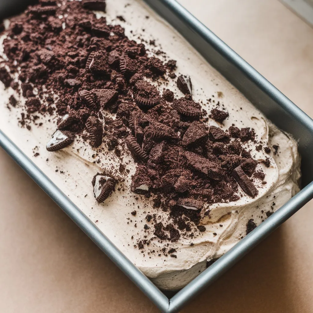 reo-ice-cream-loaf-pan-before-freezing Top-down close-up of crushed Oreo cookies being folded into creamy ice cream base, showing cookie chunks and smooth texture.