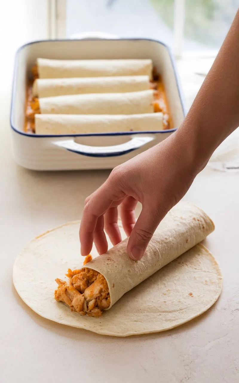 Tortilla being filled and rolled with chicken enchilada mixture on a prep surface.
