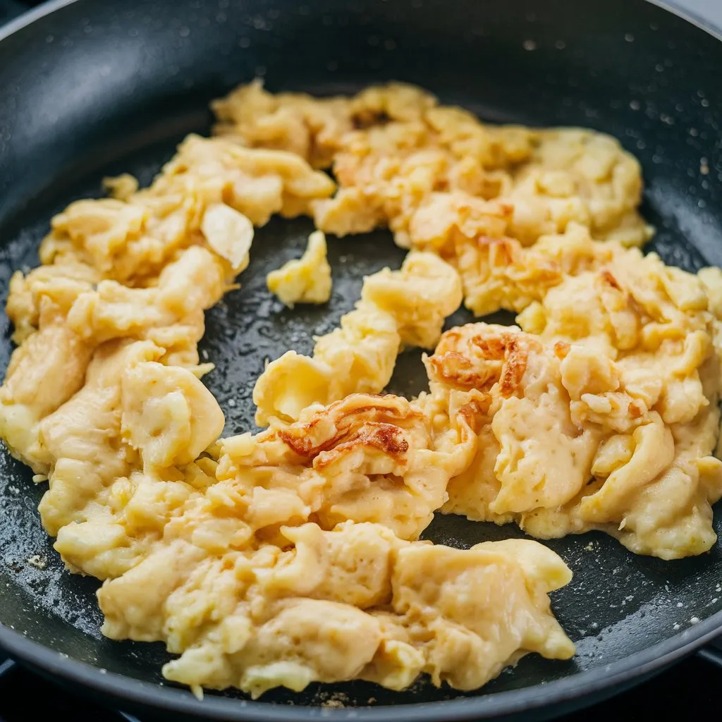 scrambled pancake batter being cooked in a nonstick skillet Scrambled pancake batter cooking in a skillet, with golden chunks forming as the mixture sets.