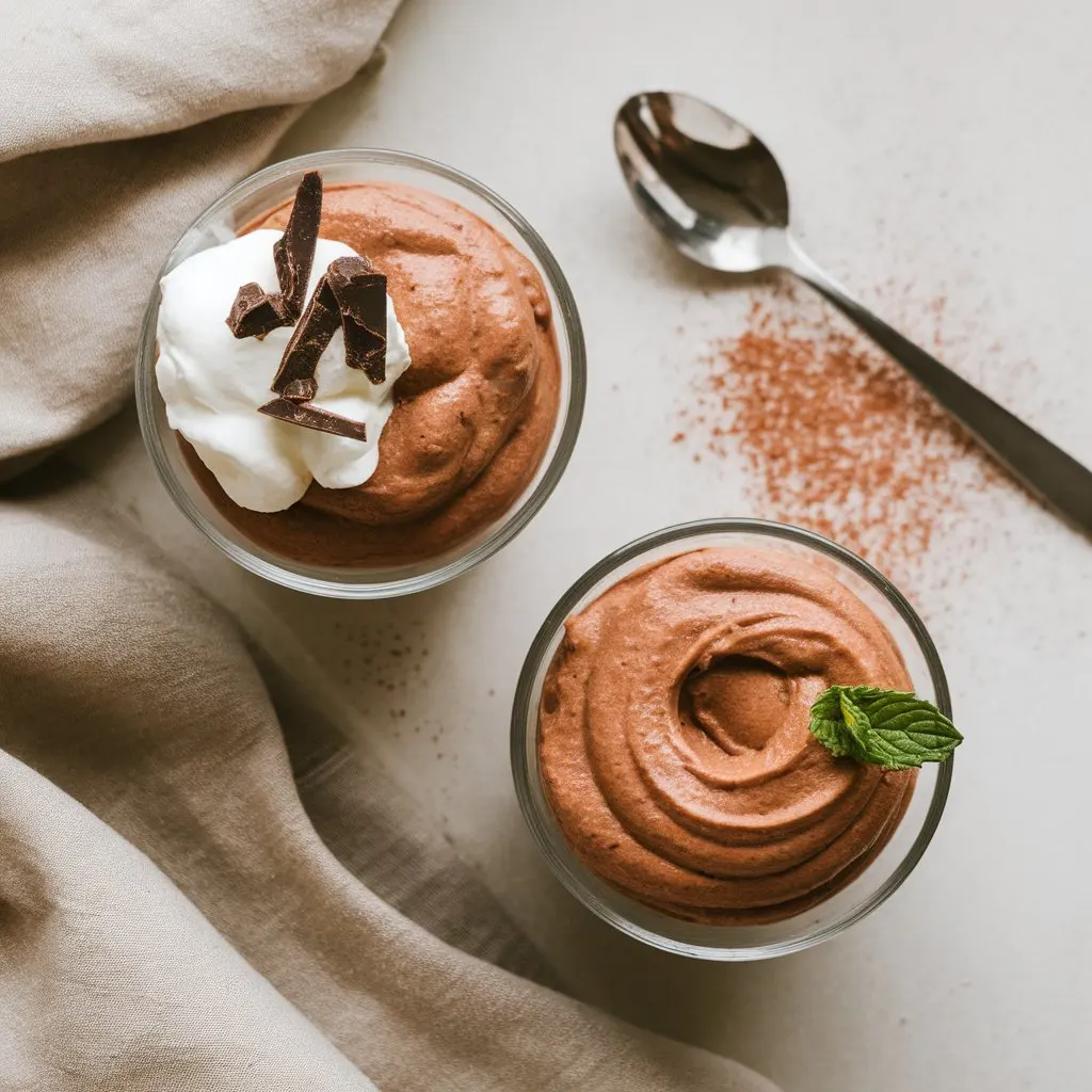 serving-glass-chocolate-mousse-topdown Chilled chocolate mousse with a firm, rich texture in a glass bowl, lightly garnished and served