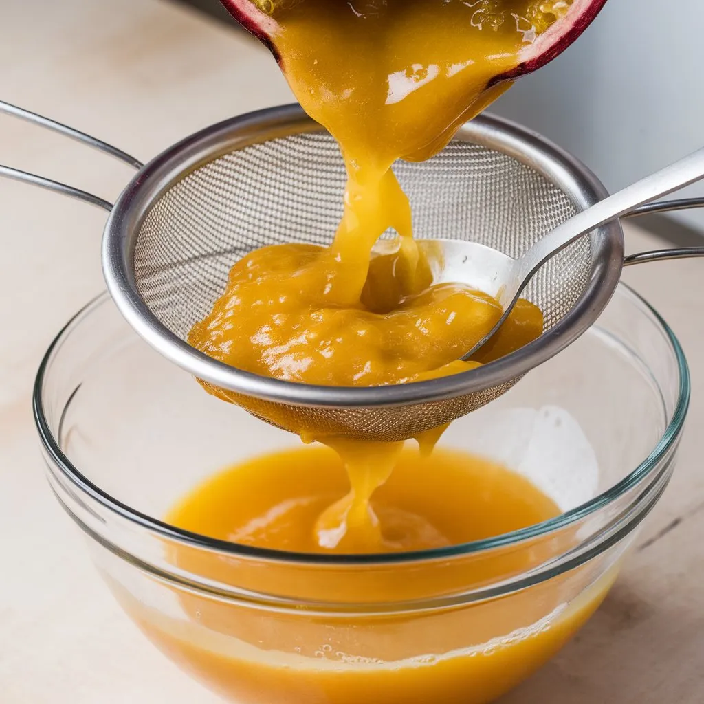 straining-passion-fruit-juice Passion fruit pulp being strained through a sieve into a bowl for juice