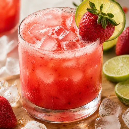 Strawberry margarita mocktail in a clear glass with ice, garnished with fresh lime and strawberry