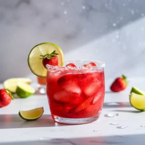 Strawberry margarita mocktail in a clear glass with ice, garnished with lime and strawberry, set on a white marble surface in natural light.