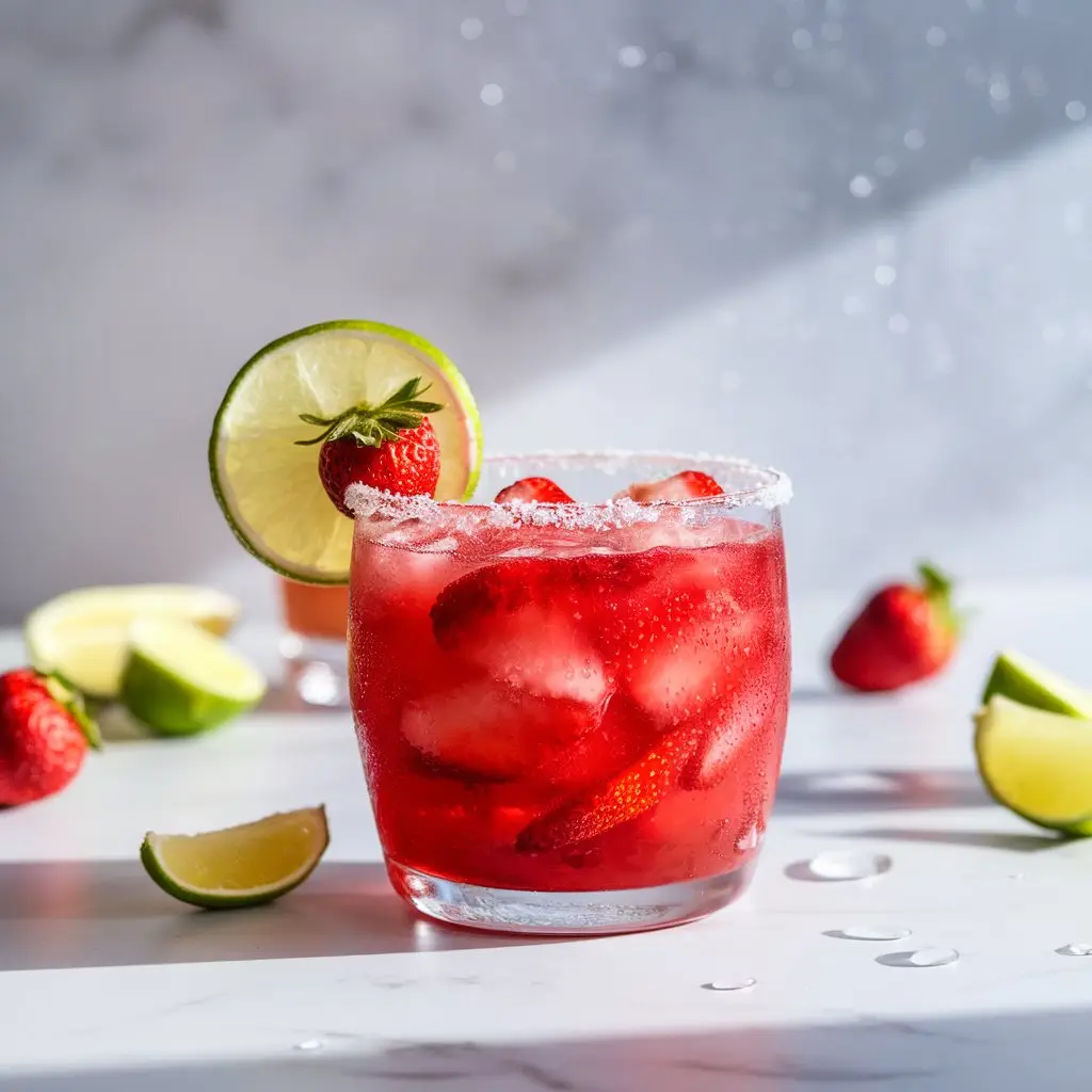 Strawberry margarita mocktail in a clear glass with ice, garnished with lime and strawberry, set on a white marble surface in natural light.