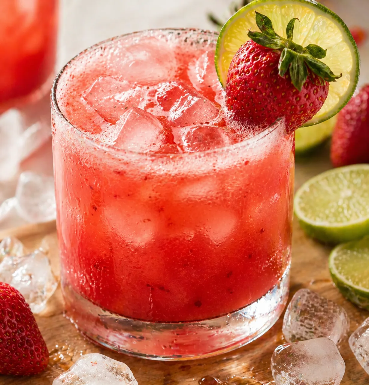 Strawberry margarita mocktail in a clear glass with ice, garnished with fresh lime and strawberry