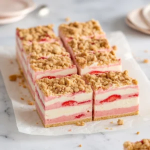 Close-up of homemade Strawberry Shortcake Ice Cream Bars on parchment paper with crumb topping and visible strawberry layers.