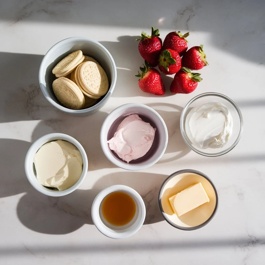 strawberry-shortcake-ice-cream-bars-ingredients-top-view Flat lay of fresh ingredients used in homemade Strawberry Shortcake Ice Cream Bars recipe.