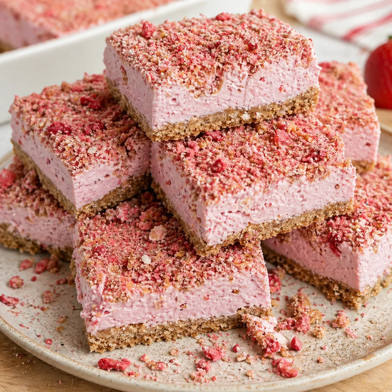Strawberry shortcake ice cream bars with crunchy crumb coating and creamy strawberry layers, homemade frozen dessert