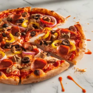 Freshly baked supreme pizza with crisp crust and vibrant toppings on a white marble surface