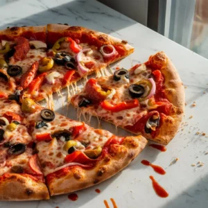 Supreme pizza slices served on a wooden board with dipping sauces and scattered crumbs
