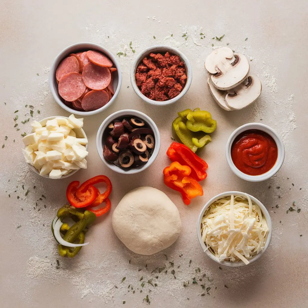 supreme pizza ingridients Top-down view of fresh supreme pizza ingredients arranged neatly on a light kitchen surface