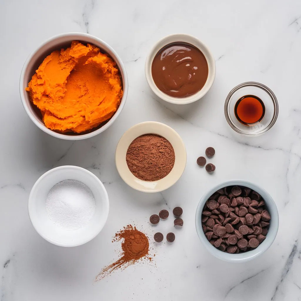 Overhead shot of sweet potato brownies ingredients in small bowls on a white marble surface