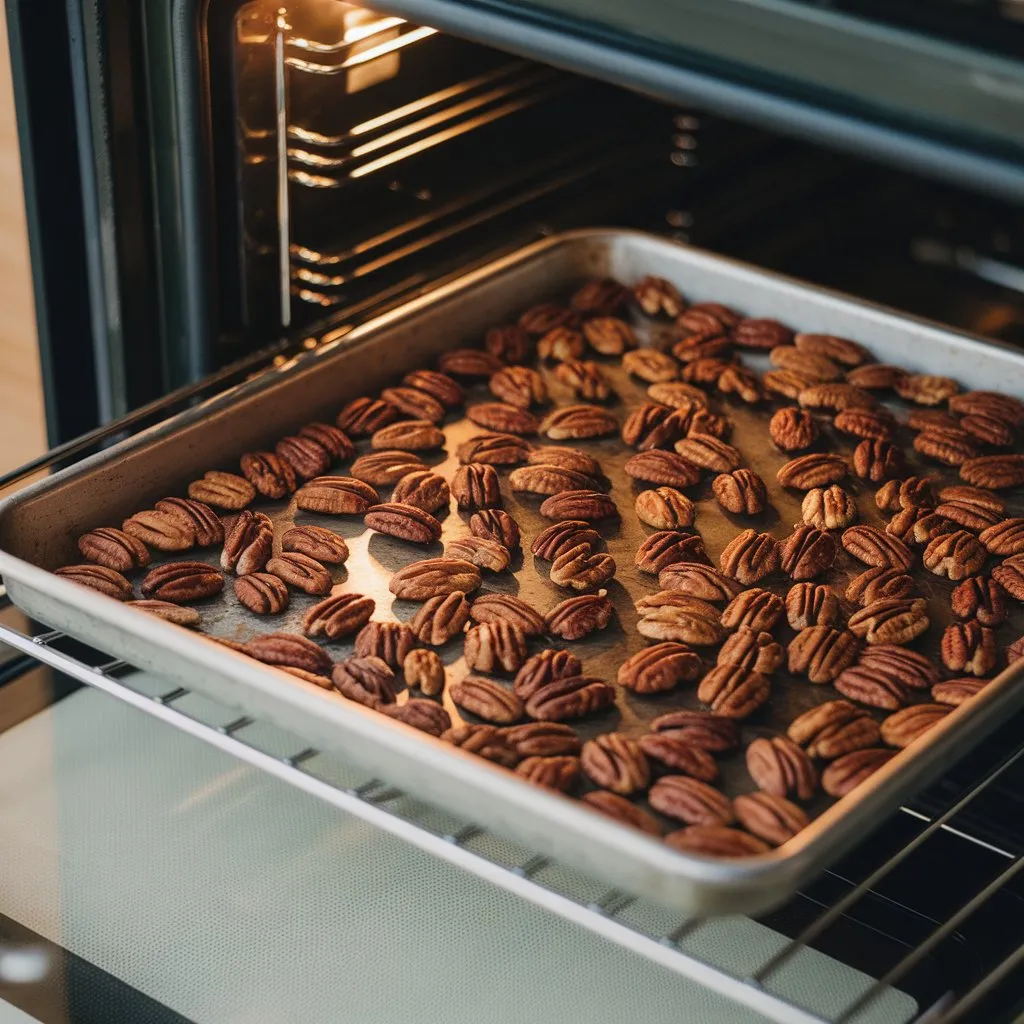 toasting-pecans-for-cheesecake-crust Pecans toasting on a baking sheet in a home oven, slightly darkened and aromatic, ready for crust preparation.