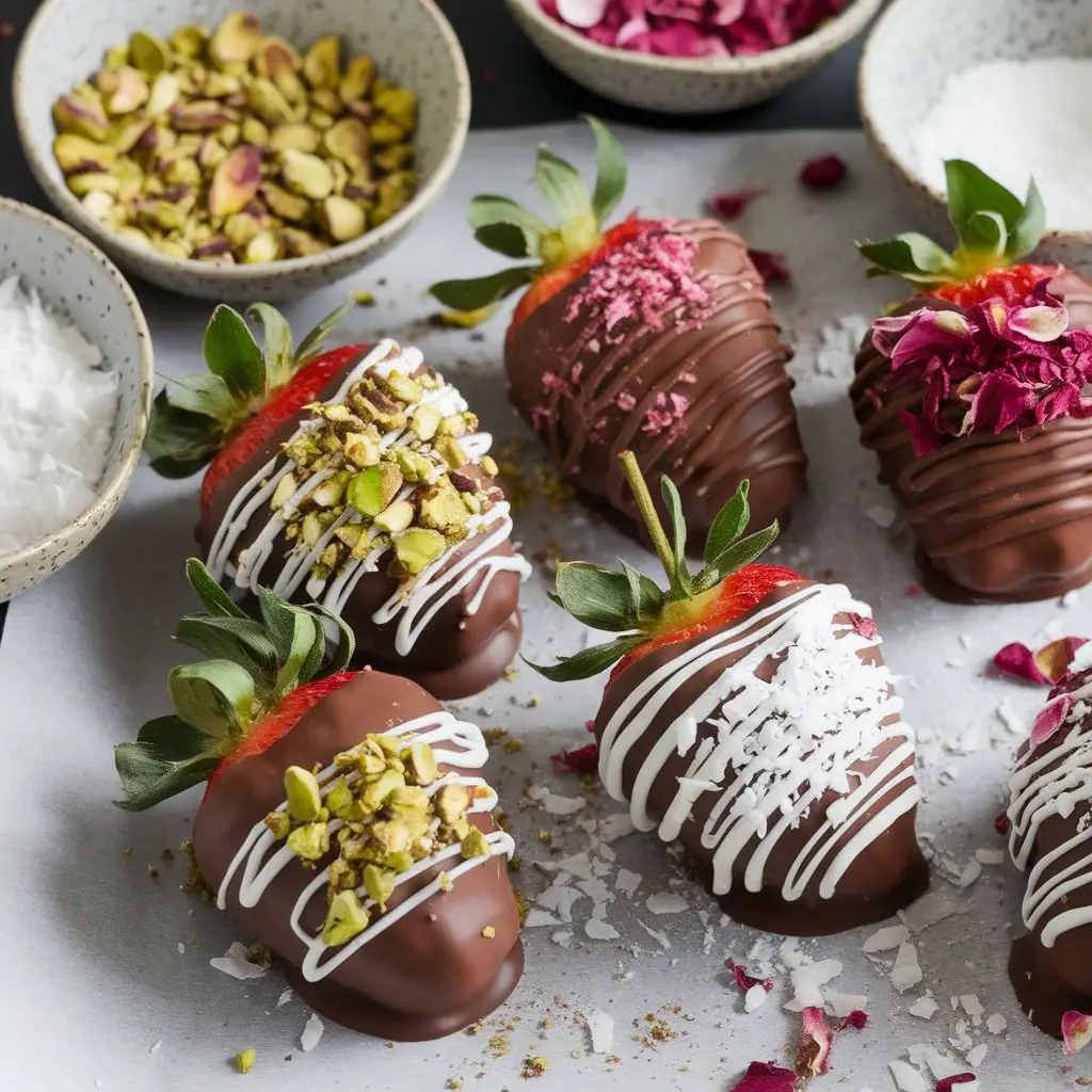 topping-dubai-chocolate-strawberries-with-pistachios-rose Chocolate-dipped strawberries topped with pistachios, rose petals, and coconut on parchment paper