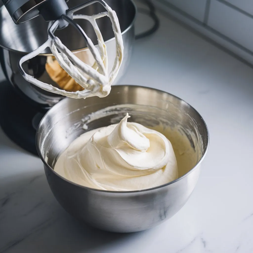 whipped-heavy-cream-stiff-peaks-mixing-bowl Perfectly whipped heavy cream with stiff peaks in mixing bowl for homemade peach ice cream base