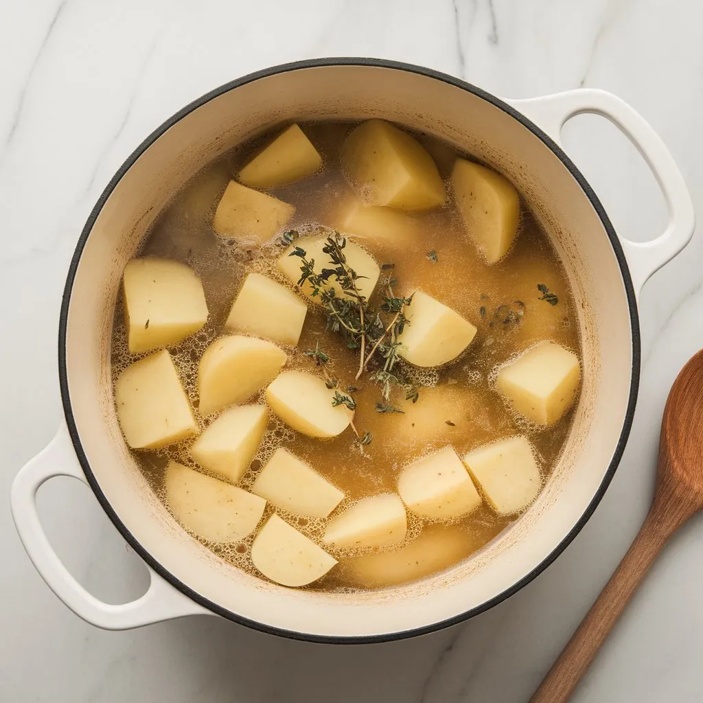 whisking-roux-potato-soup Potatoes simmering in seasoned broth inside a Dutch oven with fresh thyme on top.